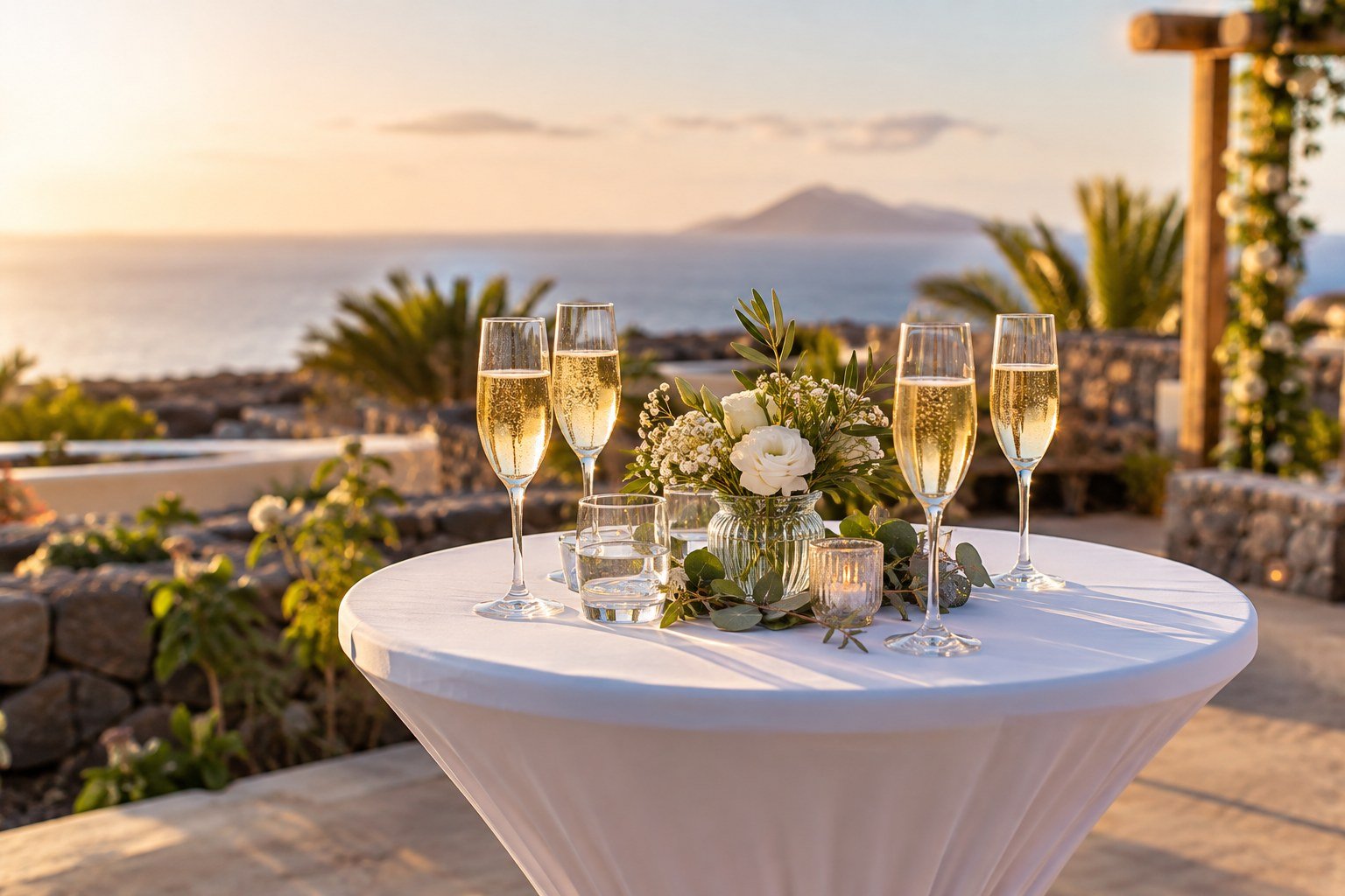 Illustration eines Hochzeitsempfangs mit Sekt und Mineralwasser auf einem Stehtisch mit weißer Husse